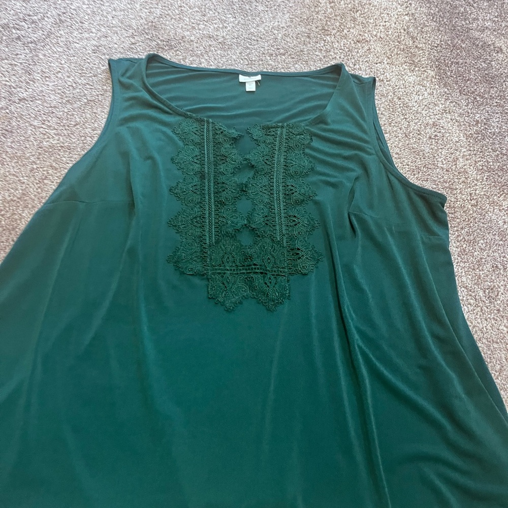 Hunter green sleeveless top with crochet neckline